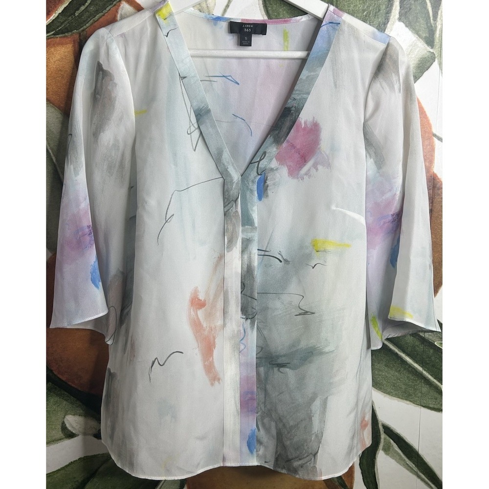 J. Crew 365 V-Neck‎ 3/4 Bell Sleeves Watercolor Silk Top Blouse